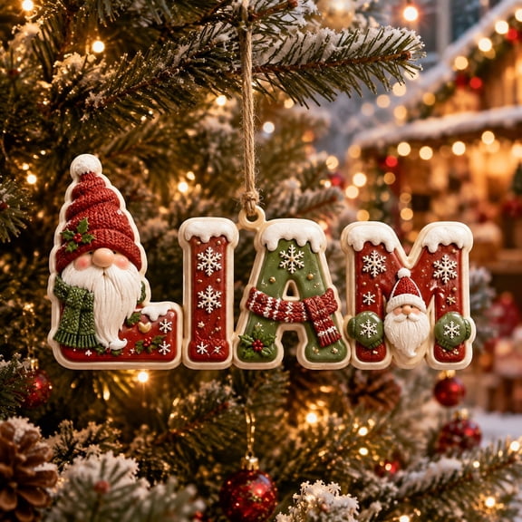 Personalized Christmas Name Ornament With Festive Gnomes