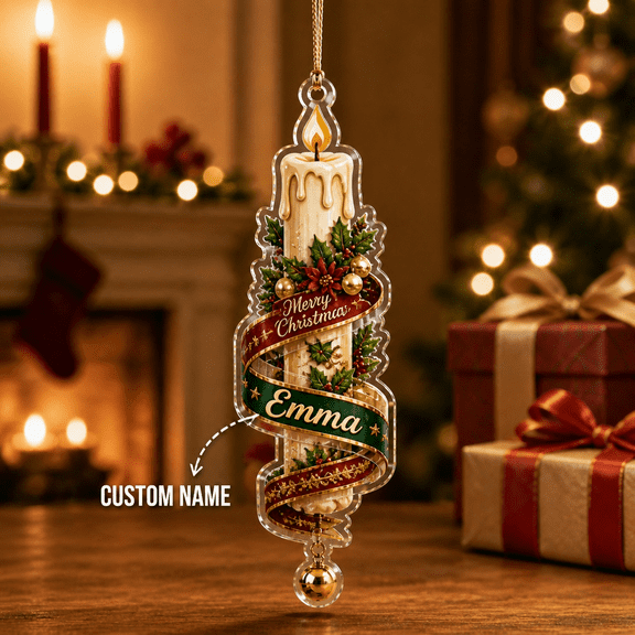 Personalized Christmas Ornament Candle Ribbon Holiday Decor