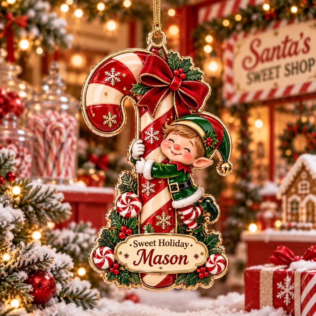 Santa Elf Project Personalized Christmas Ornament Elf Hugging Candy Cane - Walmart.com