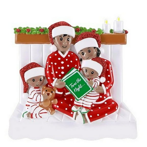 Personalized Christmas Ornament - Family Time/Reading In Bed/Family of 4/Family of Color/African American/Latino