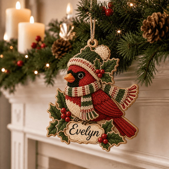 Personalized Christmas Ornament Holly Cardinal Wooden Tree Hanging Keepsake for Bird Lovers