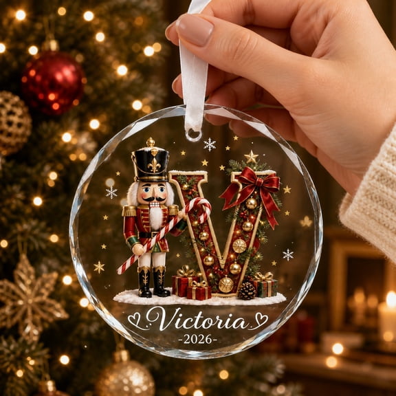 Personalized Christmas Ornament Nutcracker Victoria Monogram Glass Tree Hanging for Holiday Gift