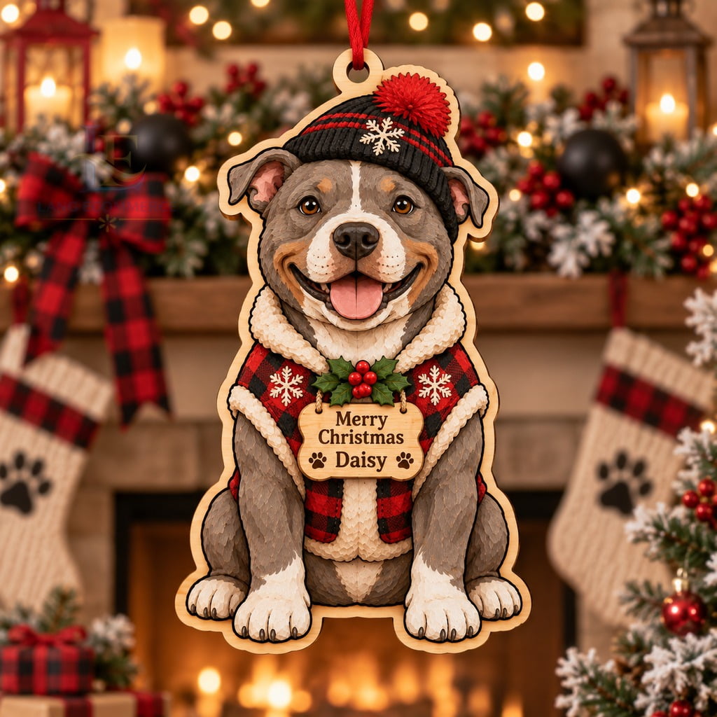 Personalized Christmas Ornament, Pit Bull Buffalo Plaid, Wood Tree ...