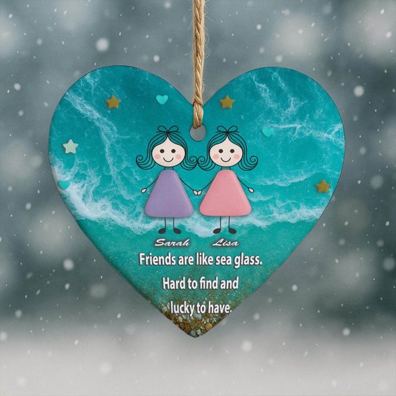 Personalized Christmas Ornament,Sea Glass Friendship Decoration Handmade Sea Glass Ornaments Friendship Heart Souvenir,D,Free Size