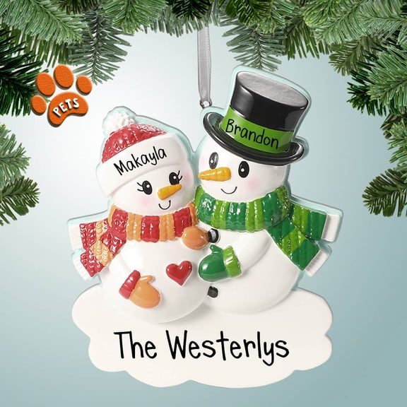 Personalized Christmas Ornament - Snowman Couple with Red Heart Expecting - 1st Baby - New Parents - Pregnant - Free Personalization