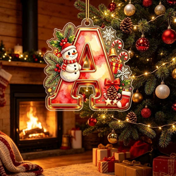 Personalized Christmas Ornaments Christmas Acrylic Letter Ornaments 26 Alphabet Snowman Xmas Hanging Ornaments for Christmas Tree Decoration, A