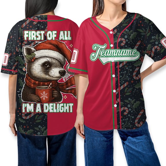 Personalized Christmas Raccoon Drinking Coffee First Of All I'm A Delight Baseball Jersey – Funny Holiday Baseball Shirt with Santa Hat, Merry Xmas