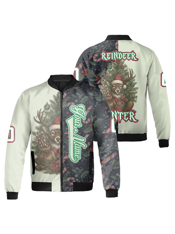 Personalized Christmas Reindeer Bomber Jacket for Men & Women, Custom Name & Number Xmas Holiday, Winter Seasonal Xmas Gift Outerwear