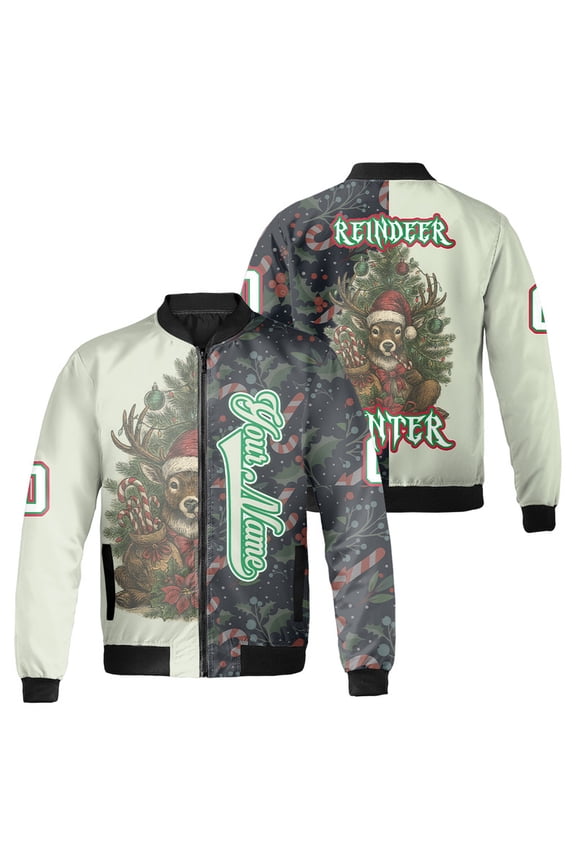 Personalized Christmas Reindeer Bomber Jacket for Men & Women, Custom Name & Number Xmas Holiday, Winter Seasonal Xmas Gift Outerwear