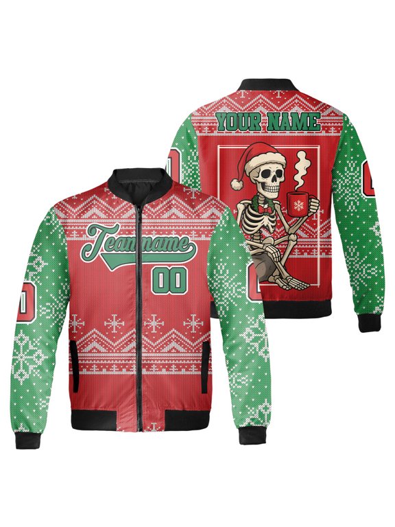 Personalized Christmas Santa Skeleton Drinking Coffee Bomber Jacket - Custom Holiday Winter Jacket with Festive Design, Perfect for Men and Women