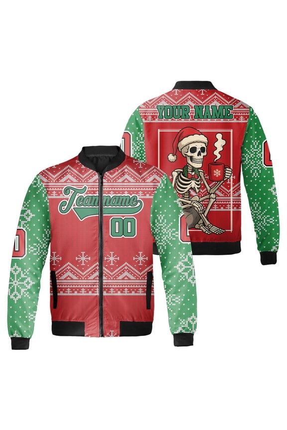 Personalized Christmas Santa Skeleton Drinking Coffee Bomber Jacket - Custom Holiday Winter Jacket with Festive Design, Perfect for Men and Women