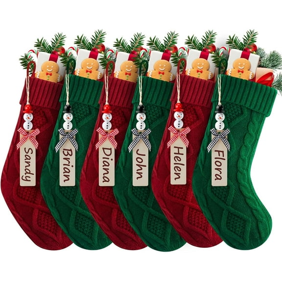 Personalized Christmas Stocking - 18 Inches Hanging Stockings with DIY Snowman Name Tags, 6 Pack Large Size Knitted Stockings for Mantels, Christmas Tree Family Holiday