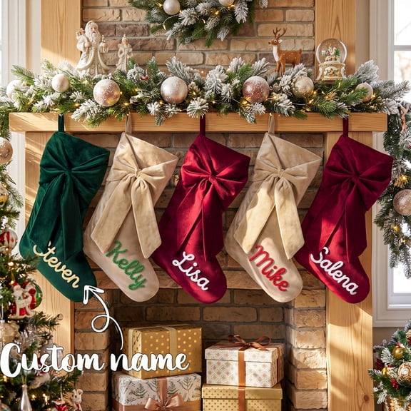 Personalized Christmas Stocking, Embroidered Family Christmas Stocking, Bow Stocking With Name, Christmas Gift, Personalized Holiday Hanging Sock