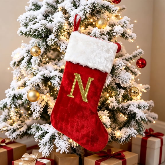 Personalized Christmas Stocking N, 16.1 Inch Initial Xmas Sock with Gold Embroidered Letter, Spacious Gift Holder for Fireplace Mantel Tree Door Holiday Decor