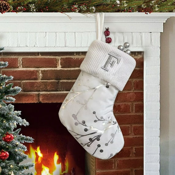Personalized Christmas Stocking, Silver White Christmas Embroidered Letters Initial Christmas Stockings with Pine Branch, Silver Sequins Faux Fur Knitted, Mantel Stair Railing Stockings-F stuffer