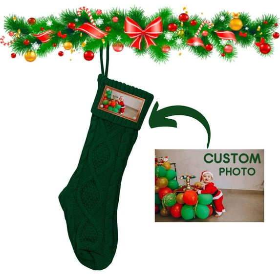 Personalized Christmas Stocking with Photo, 18” Large Knitted Xmas Stocking for Kids, Customized Christmas Gifts and Holiday Home Decor