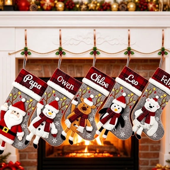 Personalized Christmas Stockings, Embroidered Name & 3D Characters, 18" Large Plaid for Fireplace