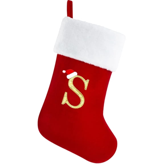 Personalized Christmas Stockings with Initials, 20 Inches Large Red Monogram Velvet Christmas Stocking with Super Soft Plush Cuff for Family Holiday Party Gifts, Xmas Tree and Fireplace Decor(J)