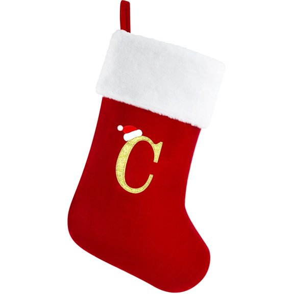 Personalized Christmas Stockings with Initials, 20 Inches Large Red Monogram Velvet Christmas Stocking with Super Soft Plush Cuff for Family Holiday Party Gifts, Xmas Tree and Fireplace Decor(J)