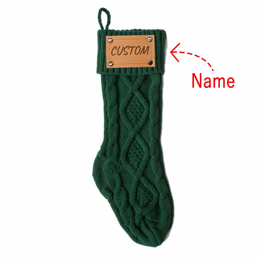 Personalized Christmas Stockings with Names Monogram, 18” Large Family Knitted Xmas Stocking with Leather Nameplate for Kids Customized Christmas Stockings for Fireplace Holiday
