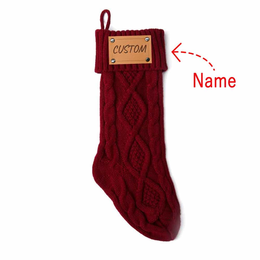 Personalized Christmas Stockings with Names Monogram, 18” Large Family Knitted Xmas Stocking with Leather Nameplate for Kids Customized Christmas Stockings for Fireplace Holiday