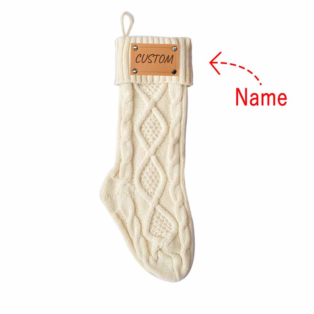 Personalized Christmas Stockings with Names Monogram, 18” Large Family Knitted Xmas Stocking with Leather Nameplate for Kids Customized Christmas Stockings for Fireplace Holiday