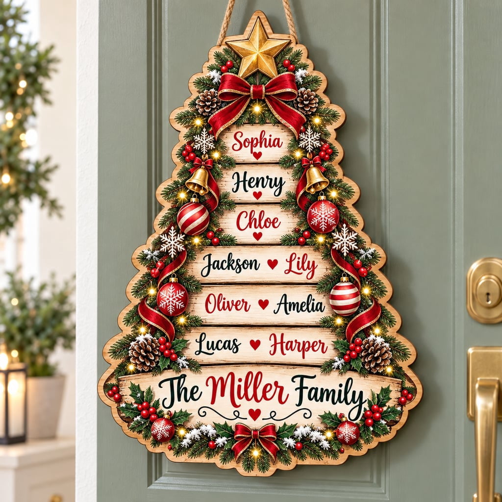 Personalized Christmas Tree Family Sign, Custom Family Names Wood Sign ...