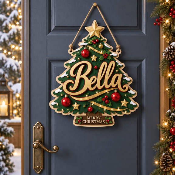 Personalized Christmas Tree Ornaments Wooden Sign Front Door Holiday Decor