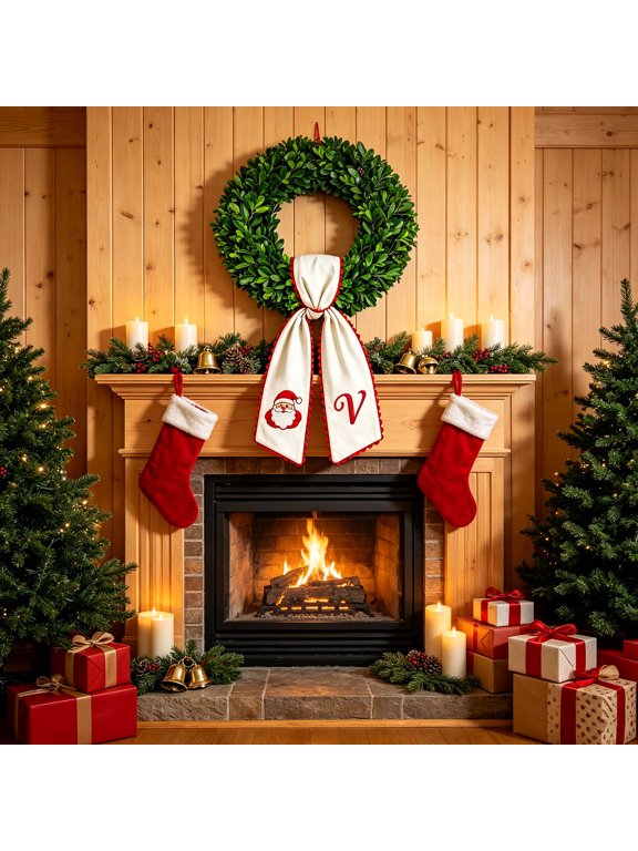 Personalized Christmas Wreath Sash Monogram Front Door Bow Decor Embroidery Initial Sash for Christmas Wreath Fireplaces Initial Housewarming Gifts