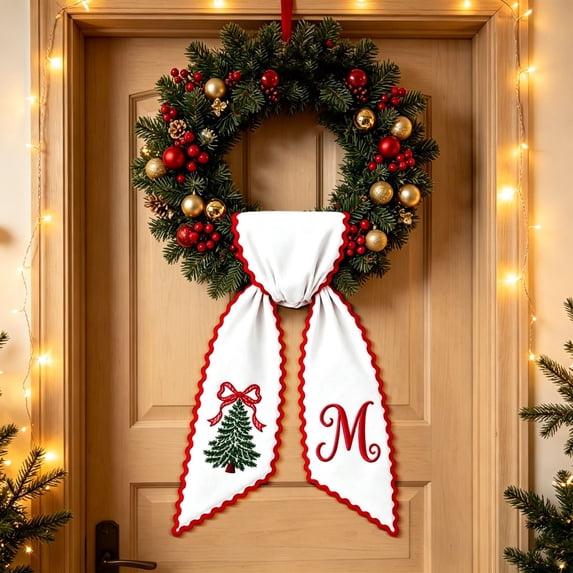 Personalized Christmas Wreath Sash with Monogram and Embroidery Christmas Tree for Front Door, M