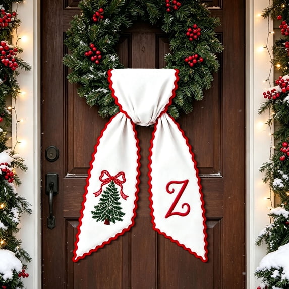 Personalized Christmas Wreath Sash with Monogram and Embroidery Christmas Tree for Front Door, Z