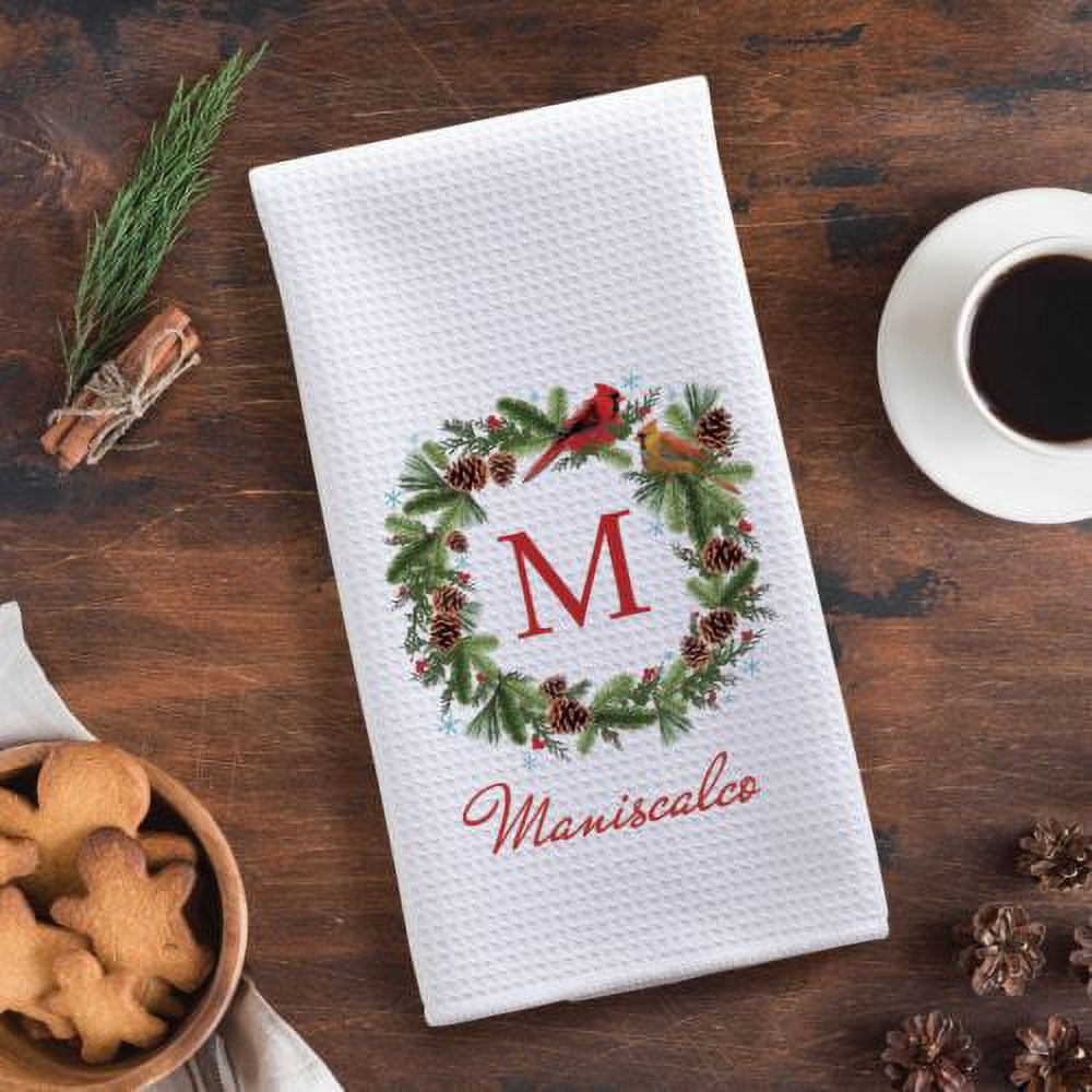 Personalized Christmas Wreath Waffle Style Tea Towel