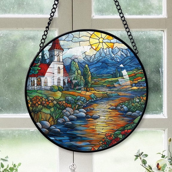 Personalized Church Stained Glass Suncatcher Artistic Window Hanging, Church Hand-Painted Glass Panel Wall Home Decor, Church Garden Decor 4NAK1l
