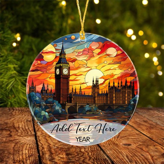 Personalized Cityscape Big Ben Sunset Christmas 2025 Ornament, Big Ben Stained Glass Style Acrylic Ornament, Customized Text London Ornaments, The Tower of London Keepsake Gift for Men Women