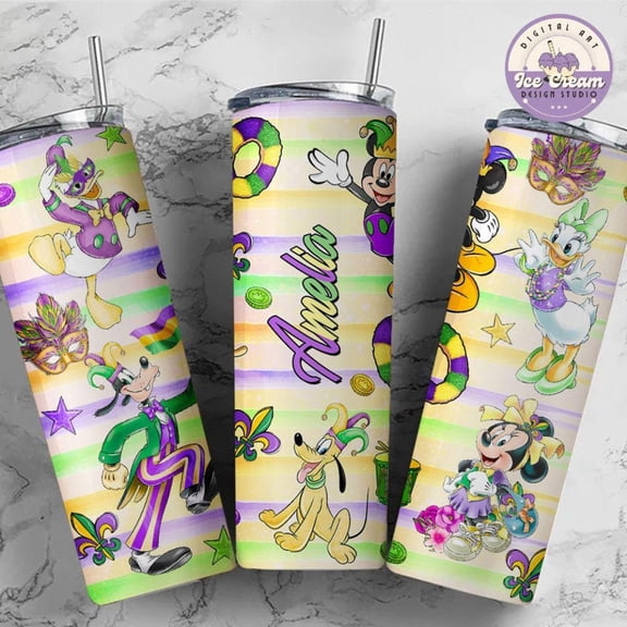 Personalized Classic Mouse and Friends Fairytale Mardi Gras Tumbler, Happy Mardi Gras Carnival 2025 Coffee Cup, New Orleans Fleur De Lis Fat Tuesday, 20 oz