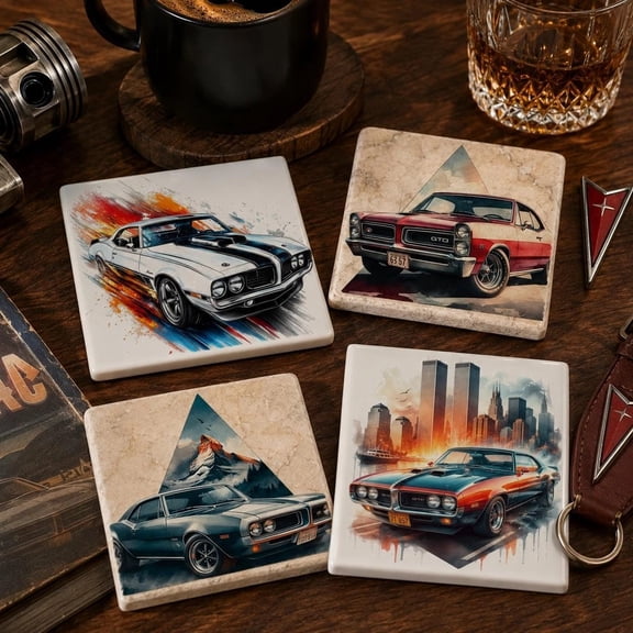 Personalized Classic Muscle Car Coasters Vintage Automotive Ceramic or Tumbled Marble 4x4