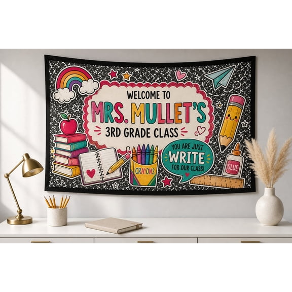 Personalized Classroom Welcome Tapestry, Custom Teacher Name And Grade Level Wall Banner