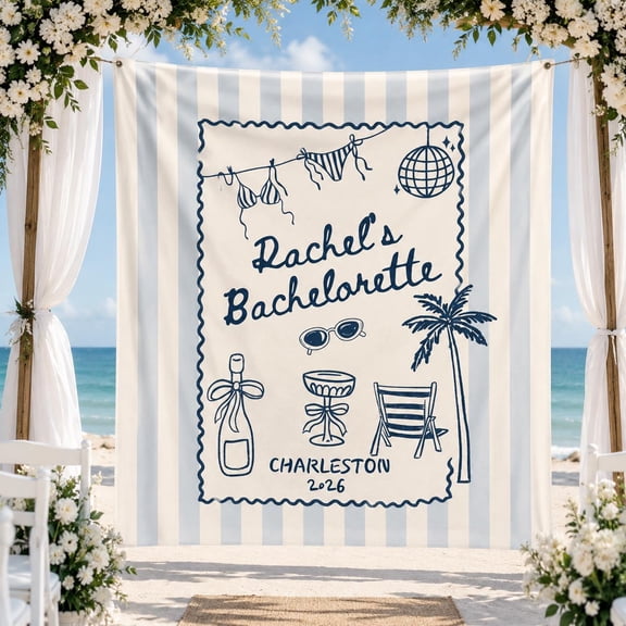 Personalized Coastal Bachelorette Linen-Style Fabric Tapestry, Custom Bride Party Backdrop for Destination Bridal Weekend and Shower Decor