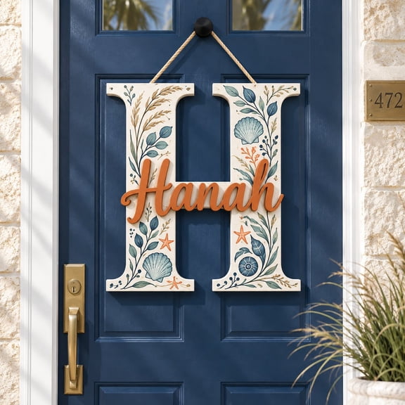 Personalized Coastal Monogram Seashell Wooden Door Sign Beach Decor