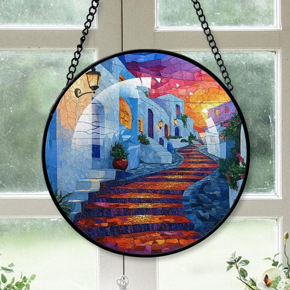Personalized Cobblestone Stained Glass Suncatcher Artistic Window Hanging, Cobblestone Hand-Painted Glass Panel Wall Home Decor, Cobblestone Garden Decor LnTDTu