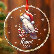 Personalized Cockatoo Glass Ornament with Name/Year, Cockatoo Pet Christmas Ornament 2025, Custom Cockatoos Glass Ornaments Gifts for Pet Owner, Bird Santa Hat Keepsake, Bird Xmas Decoration