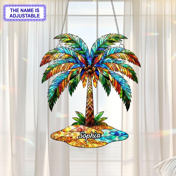 Personalized Coconut Tree Acrylic Suncatcher, Custom Name Holographic Window Hanging Decor, Ocean Lover Gift