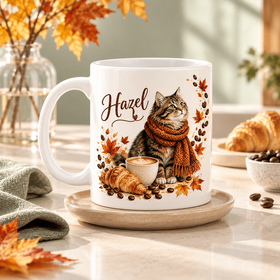 Personalized Coffee Cat Latte Croissant Maple Ceramic Coffee Mug Gift