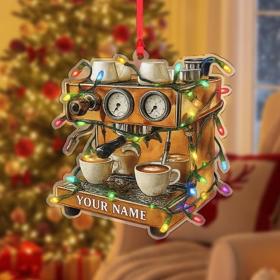 Personalized Coffee Machine Acrylic Christmas Ornament with Lights Custom Name Espresso Maker Barista Gift, Coffee Lover Holiday Tree Decor, Home Keepsake