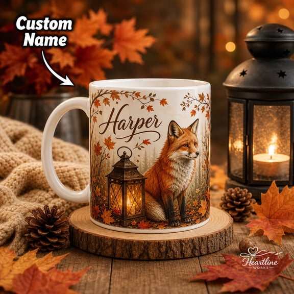 Personalized Coffee Mug Fox Lantern Autumn Forest Drinking Gift for Seasonal Lovers