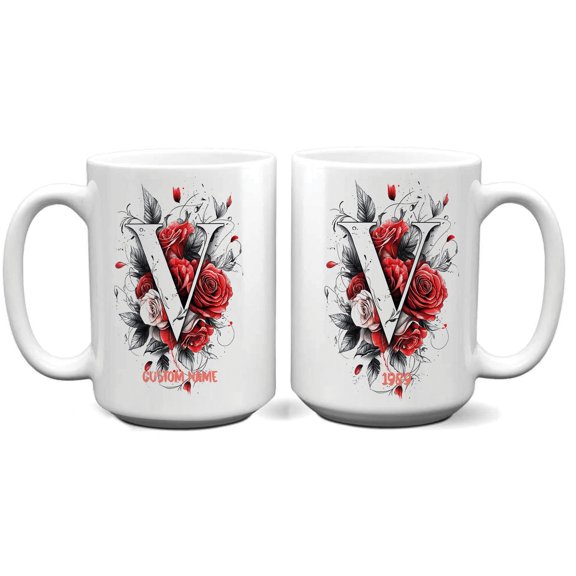 Personalized Coffee Mug with Monogram V for Women, Custom Ceramic Cup for Office, Mother's Day, Father's Day, or Daily Use – 11oz or 15oz Sizes with Name or Initial Design