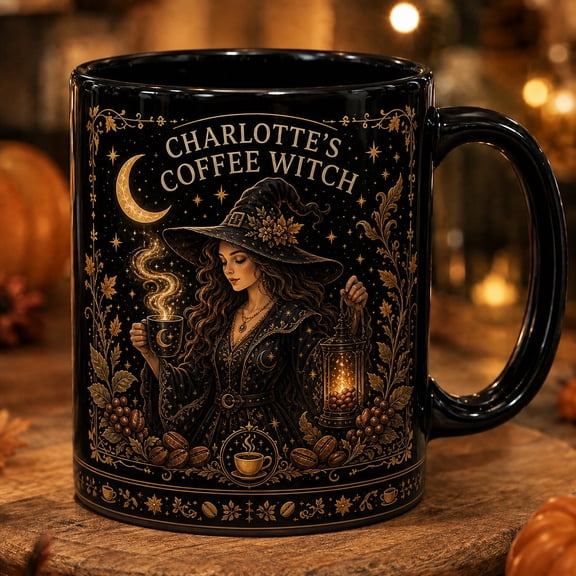 Personalized Coffee Mug Moonlit Witch Black Ceramic Morning Coffee Gift for Halloween Fans