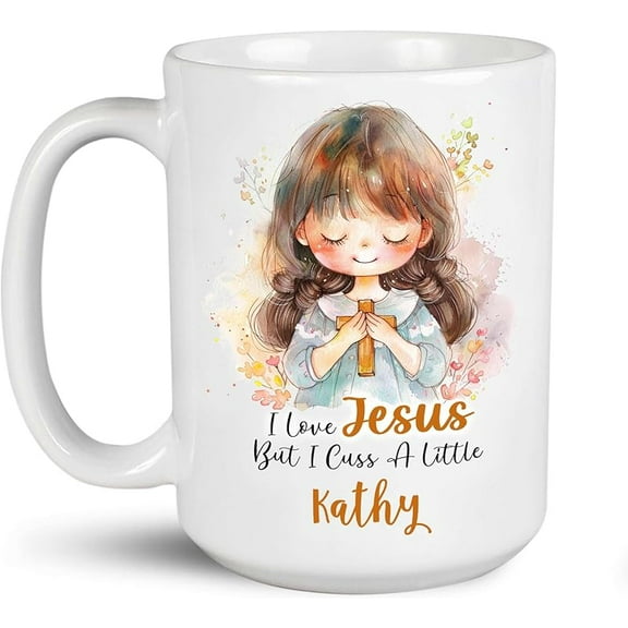 Personalized Coffee Mug With Name, Customized Christian White Tea Cups, Custom Inspirational Jesus Travel Mug, Ceramic Cup With A Cute Girl Hugging Cross Design, I Love Jesus Mugs