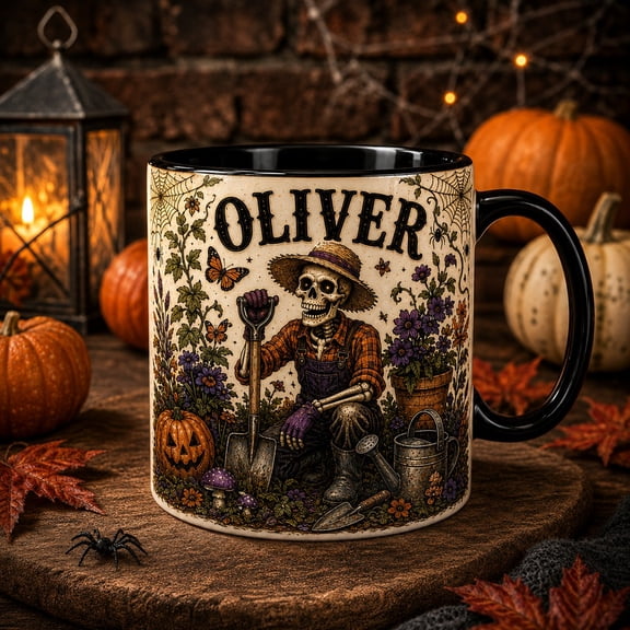 Personalized Coffee Mug Skeleton Gardener Halloween Theme