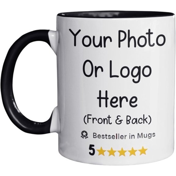 Personalized Coffee Mug, Text, Photo or Company Logo Ceramic Mug, ized 11oz Coffee or Tea Mug, Personalized Gift with Picture and or Text (White with Black Handle and Inside)